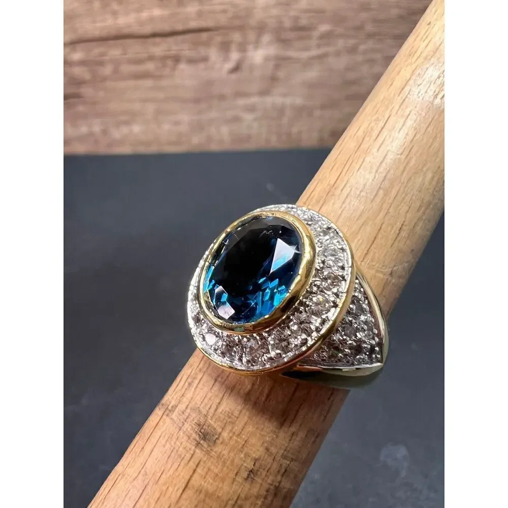 Lab blue spinel and CZ 18k rolled gold ring size 7